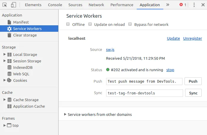 Daftar service worker di Chrome developer tools