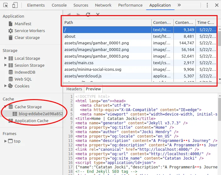 Daftar cache di Chrome developer tools