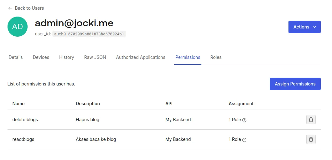 Pengaturan Permission di Auth0